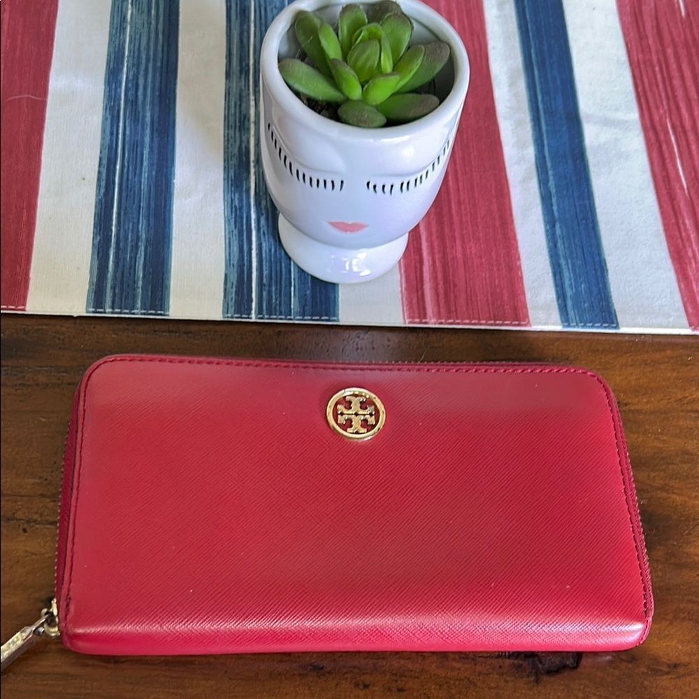 Tory Burch Cherry Red Wallet with Gold Logo EUC